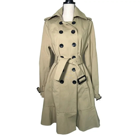 New York & Company Jackets & Blazers - New York & Co Khaki Beige Double Breasted Belted Lined Peplum Trench Coat Size L